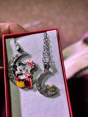 Silver Mickey & Minnie Crystal Crescent Necklace Set -Accents